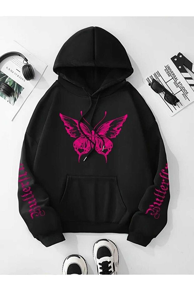 Unisex Black 3 Thread Threaded Oversize Hooded Sweatshirt Basic Comfortable Cut
