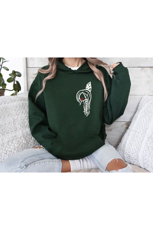 Unisex Green Low Shoulder Oversize Hooded Casual Sweatshirt with Kangaroo Pocket