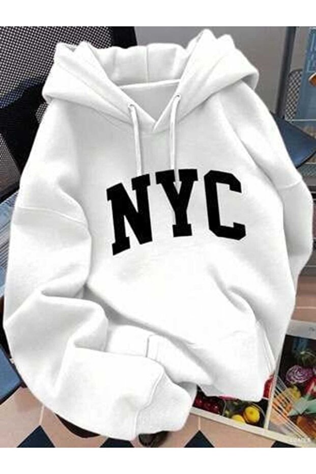 Unisex White 3 Thread Raster Oversize Hooded Sweatshirt Basic Comfortable Cut