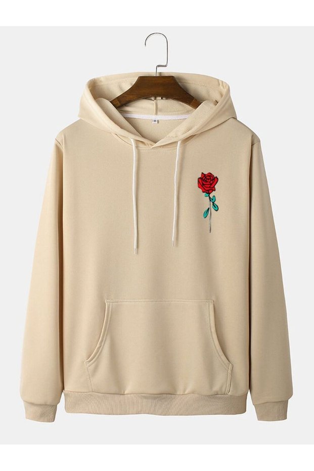Unisex Beige Kangaroo Pocket Thick Fabric Oversize Hooded Sweatshirt Hoodie