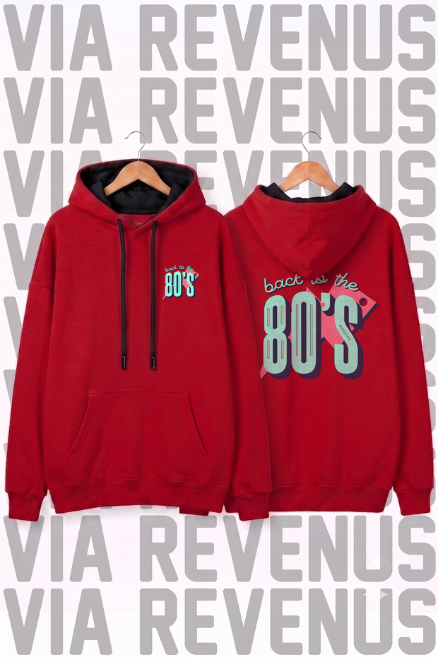 Back to the 80's Printed Unisex Wide Fit Hoodie Sweatshirt - 3 Thread Fleece Hood Lining with Drawstring Detail
