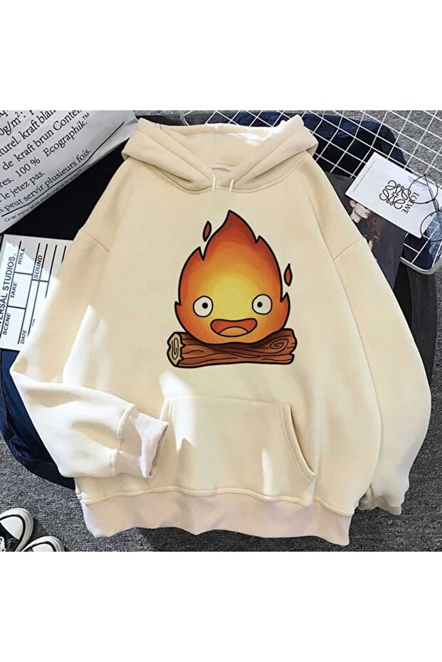 Unisex Beige Oversize Hooded Sweatshirt with Kangaroo Pocket, 3 Thread Raster Hoodie