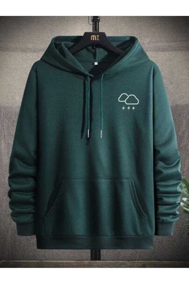Unisex Green 3 Thread Threaded Oversize Hooded Sweatshirt Basic Comfortable Cut