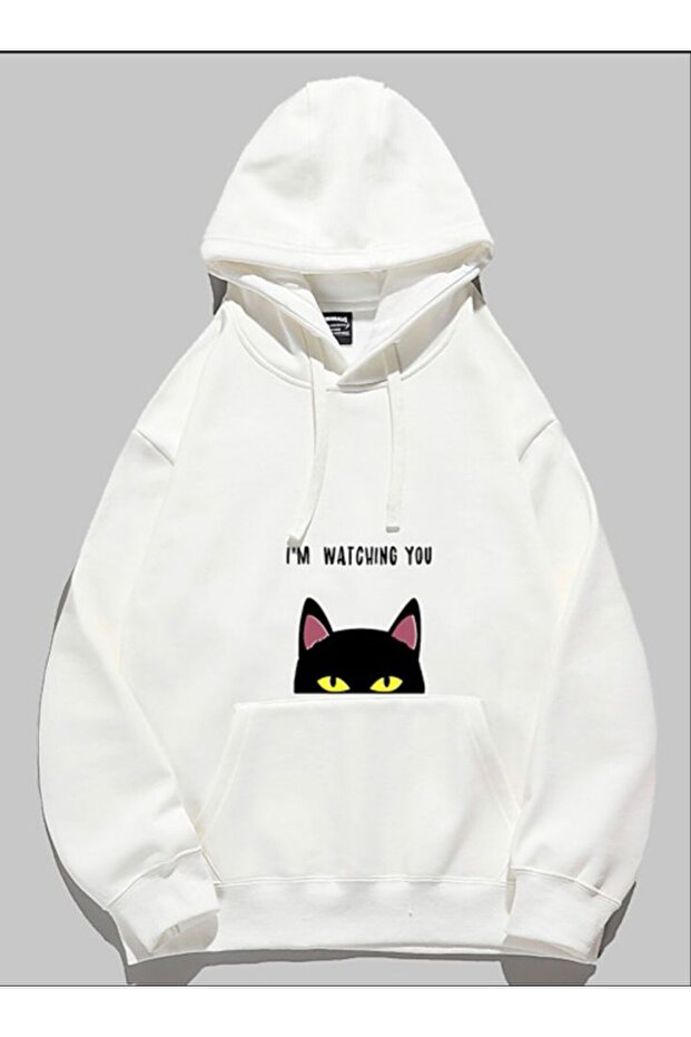 Unisex White Loose Fit Hooded Sweatshirt with Inner Pockets, Warm Hoodie