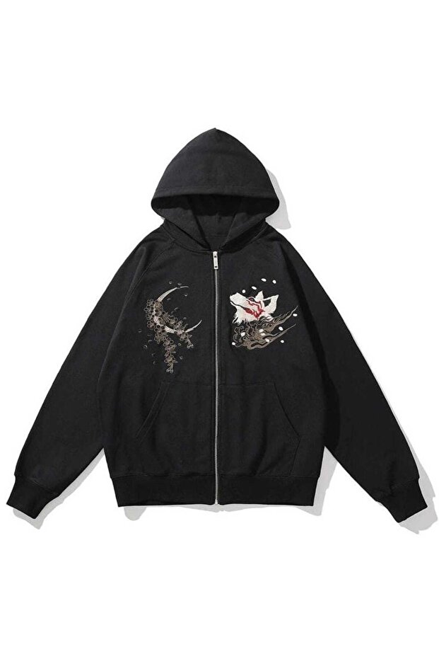 Unisex Black 3 Thread Threaded Oversize Hooded Sweatshirt Basic Comfortable Cut