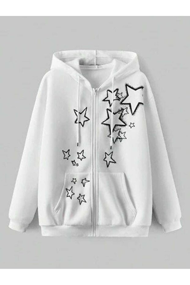 Unisex White 3 Thread Raster Oversize Hooded Sweatshirt Basic Comfortable Cut