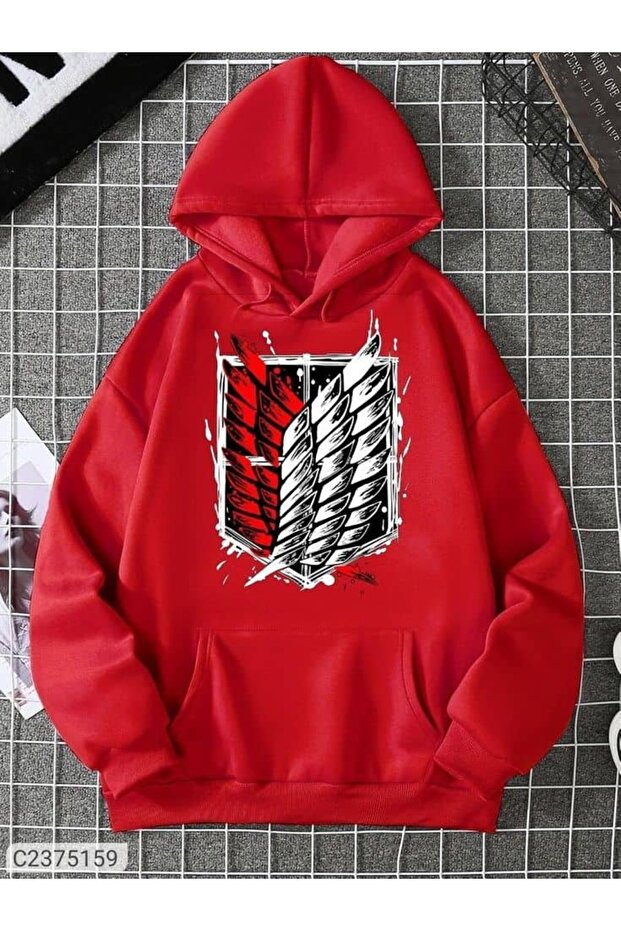 Unisex Red Oversize Hooded Sweatshirt with Kangaroo Pocket, 3 Thread Raster Hoodie