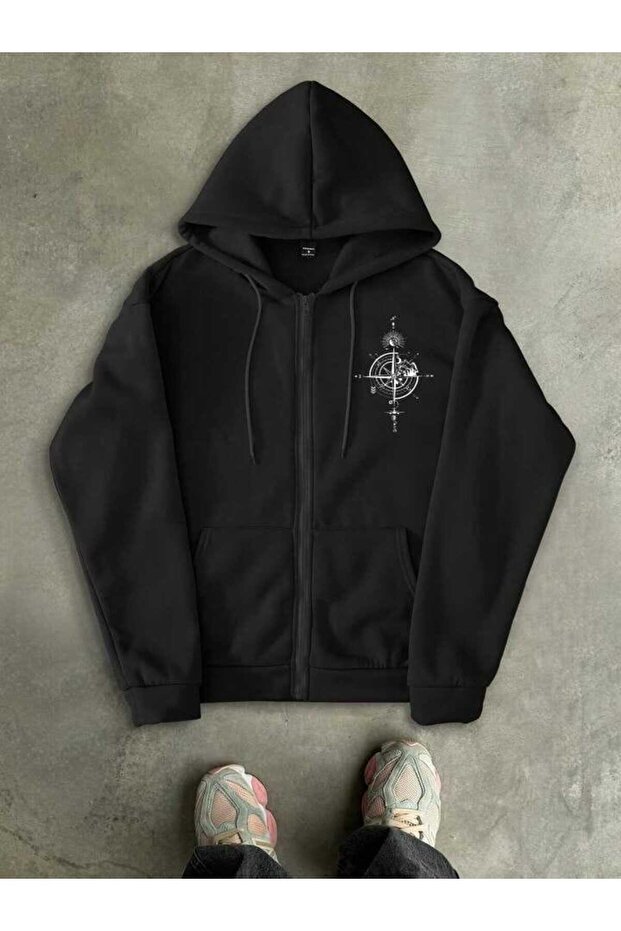 Unisex Black Off-Shoulder Oversize Hooded Casual Sweatshirt with Kangaroo Pocket