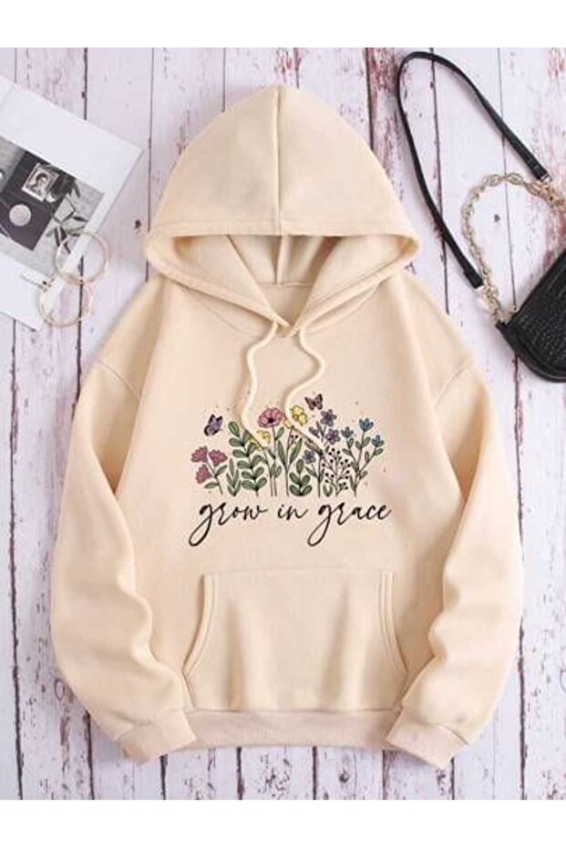 Unisex Beige 3 Thread Threaded Oversize Hooded Sweatshirt Basic Comfortable Cut