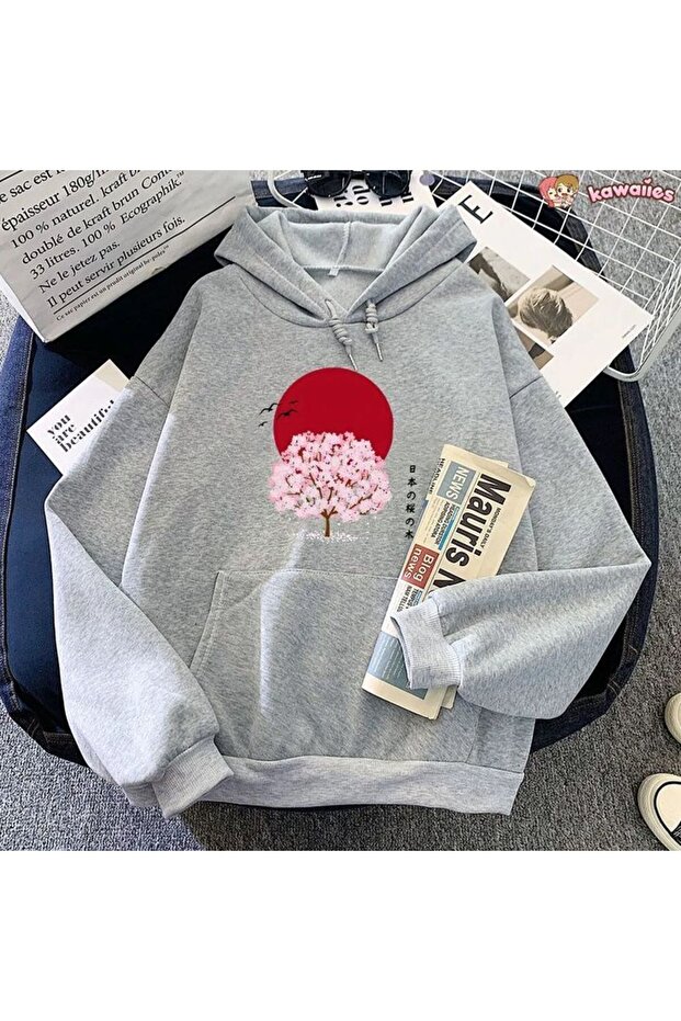 Unisex Gray Oversize Hooded Sweatshirt with Kangaroo Pocket, 3 Thread Raster Hoodie