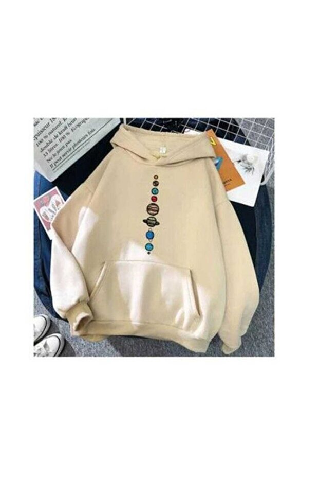 Unisex Beige Hooded Oversize Sweatshirt Comfortable Fit Cotton with Fleece Inside
