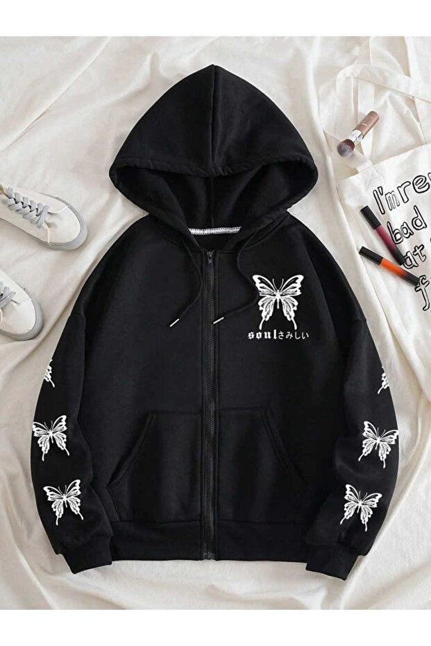Unisex Black Streetwear Oversize Hooded Casual Cotton Sweatshirt with Pockets
