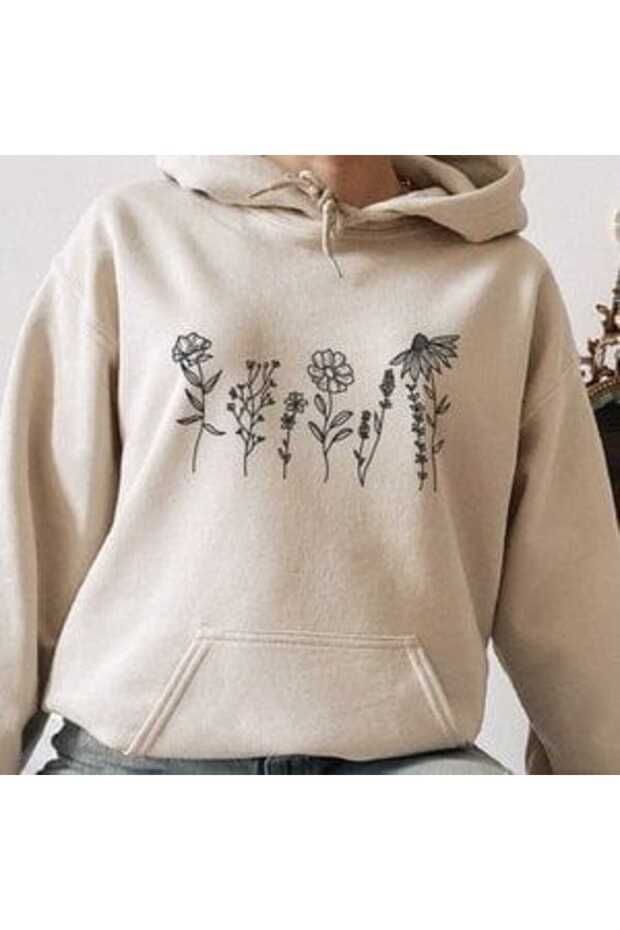 Unisex Beige Oversize Hooded Sweatshirt with Kangaroo Pocket, 3 Thread Raster Hoodie