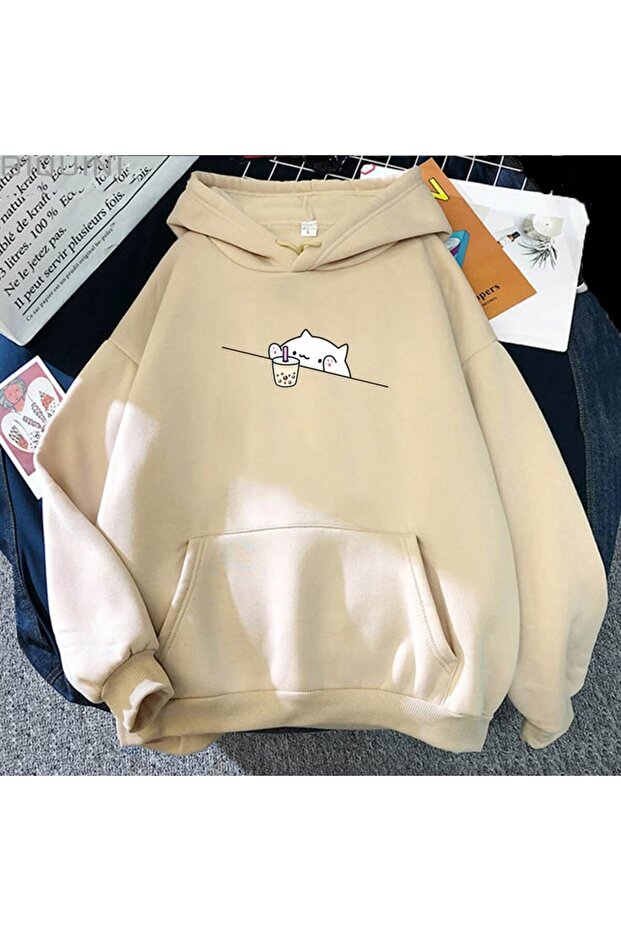 Unisex Beige Relaxed Fit Hooded Kangaroo Pocket Thick Sweatshirt