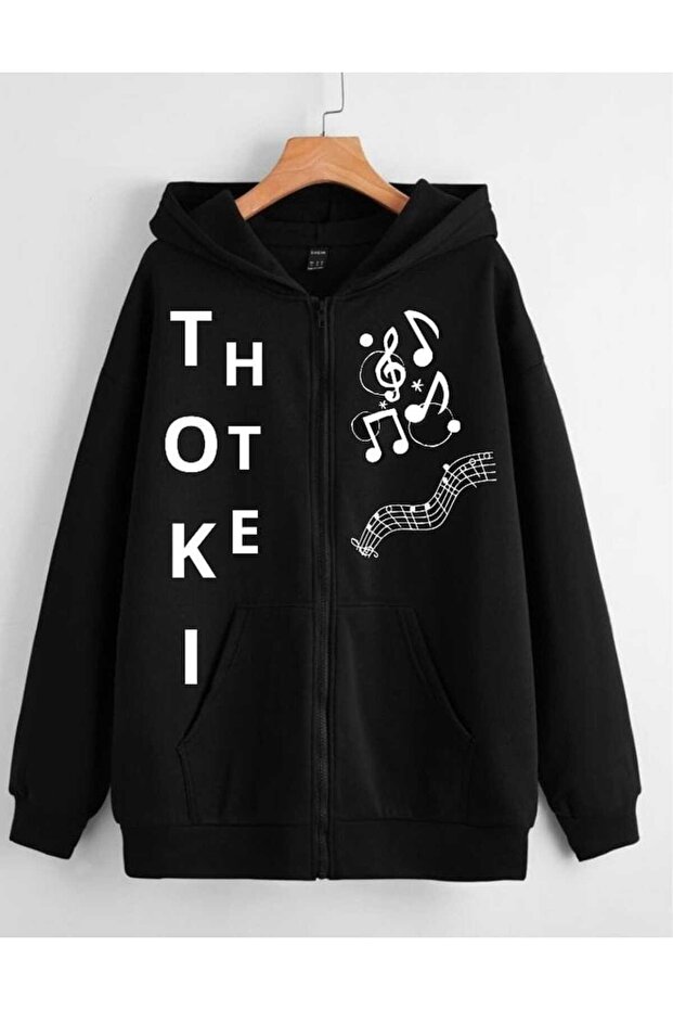 Unisex Black 3 Thread Threaded Oversize Hooded Sweatshirt Basic Comfortable Cut