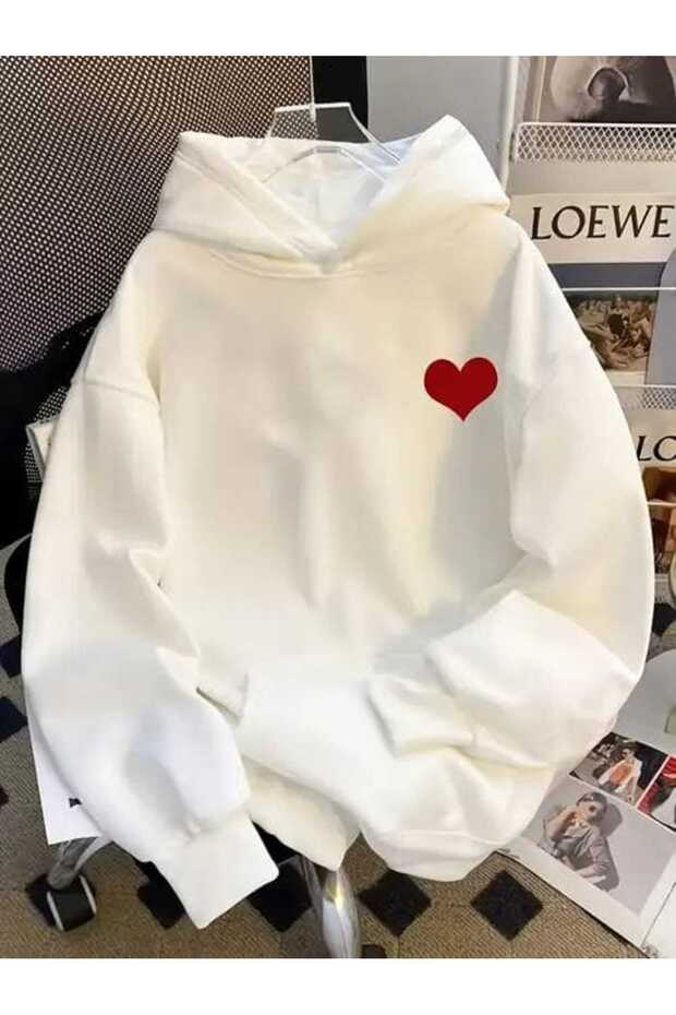 Unisex White Relaxed Fit Hooded Kangaroo Pocket Thick Sweatshirt