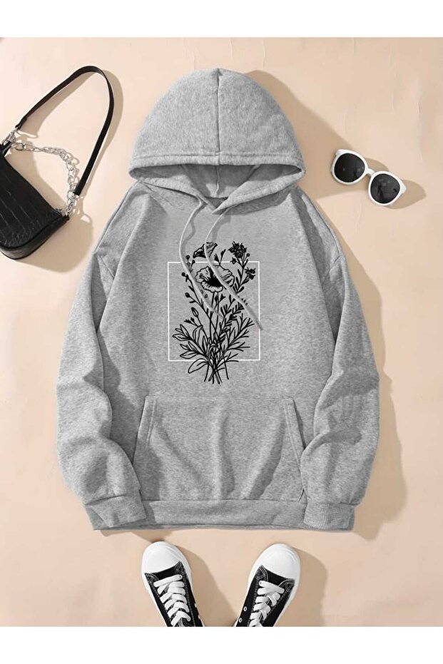 Unisex Gray Low Shoulder Oversize Hooded Casual Sweatshirt with Kangaroo Pocket