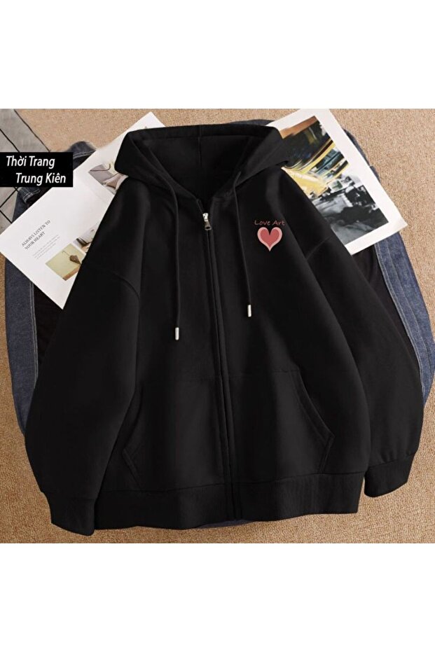 Unisex Black 3 Thread Threaded Oversize Hooded Sweatshirt Basic Comfortable Cut