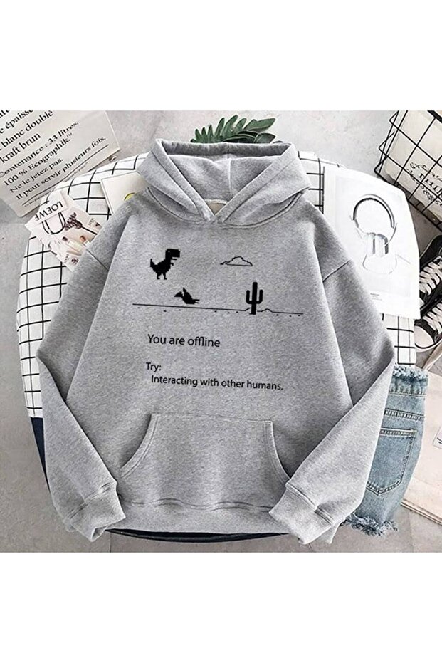 Unisex Gray Low Shoulder Oversize Hooded Casual Sweatshirt with Kangaroo Pocket