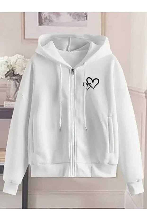 Unisex White 3 Thread Raster Oversize Hooded Sweatshirt Basic Comfortable Cut