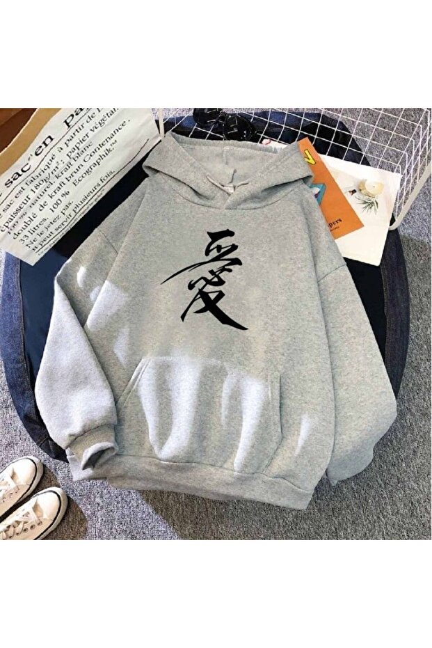 Unisex Gray 3 Thread Threaded Oversize Hooded Sweatshirt Basic Comfortable Cut