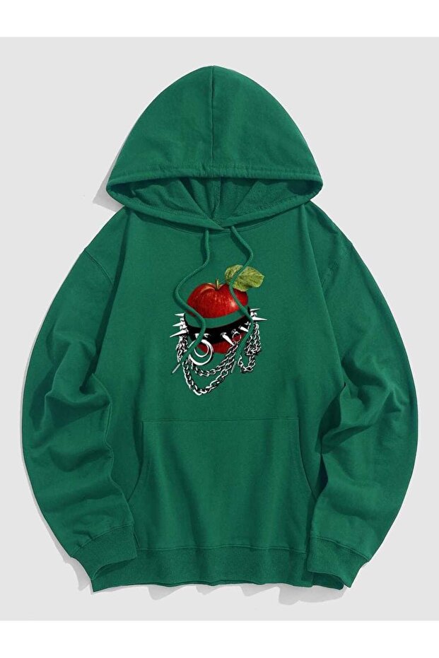 Unisex Green Low Shoulder Oversize Hooded Casual Sweatshirt with Kangaroo Pocket