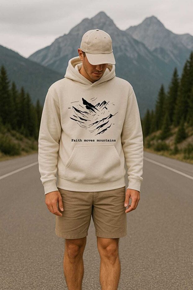 Unisex Beige 3 Thread Threaded Oversize Hooded Sweatshirt Basic Comfortable Cut