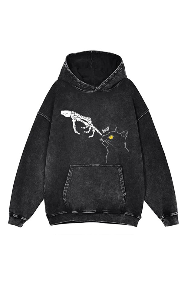 Unisex Anthracite Acid Wash Effect Washed Oversize Hoodie Thick Fabric