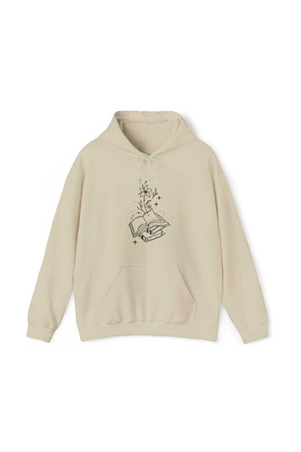 Unisex Beige Relaxed Fit Hooded Kangaroo Pocket Thick Sweatshirt