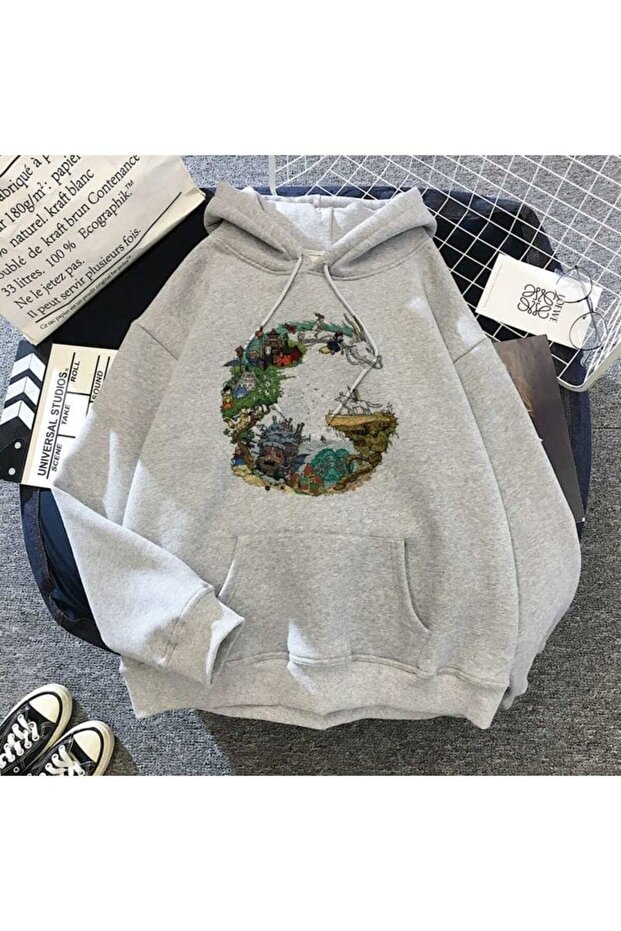 Unisex Gray 3 Thread Threaded Oversize Hooded Sweatshirt Basic Comfortable Cut