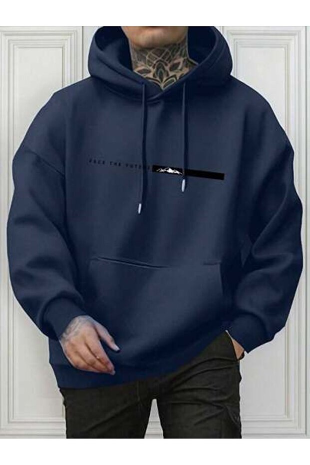 Unisex Navy Blue Oversize Hooded Sweatshirt with Kangaroo Pocket, 3 Thread Raster Hoodie