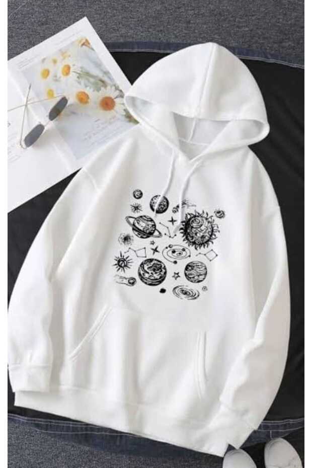 Unisex White Off-Shoulder Oversize Hooded Casual Sweatshirt with Kangaroo Pocket