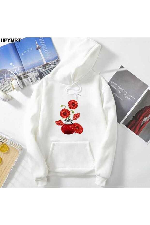 Unisex White 3 Thread Raster Oversize Hooded Sweatshirt Basic Comfortable Cut