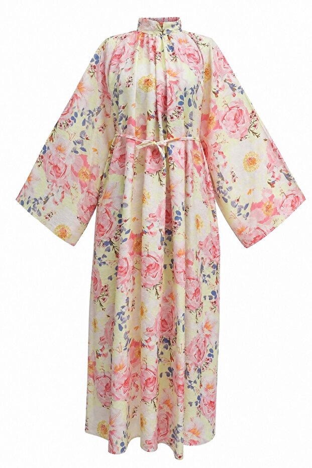 Hakim Collar Belted Patterned Polyviscon Dress -Pink