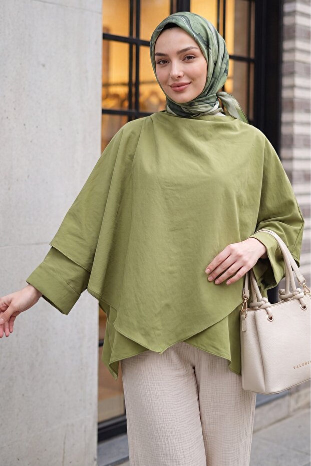 Buttoned Shoulder Bat Sleeve Modal Kimono Poncho -Khaki