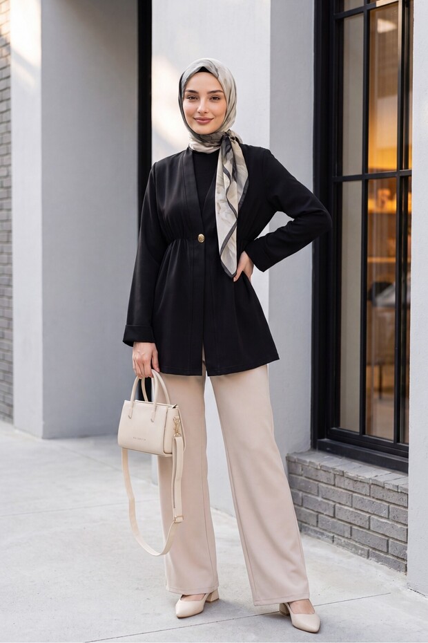 Elastic Waist, Folded Sleeves, Single Button Crepe Kimono - Black