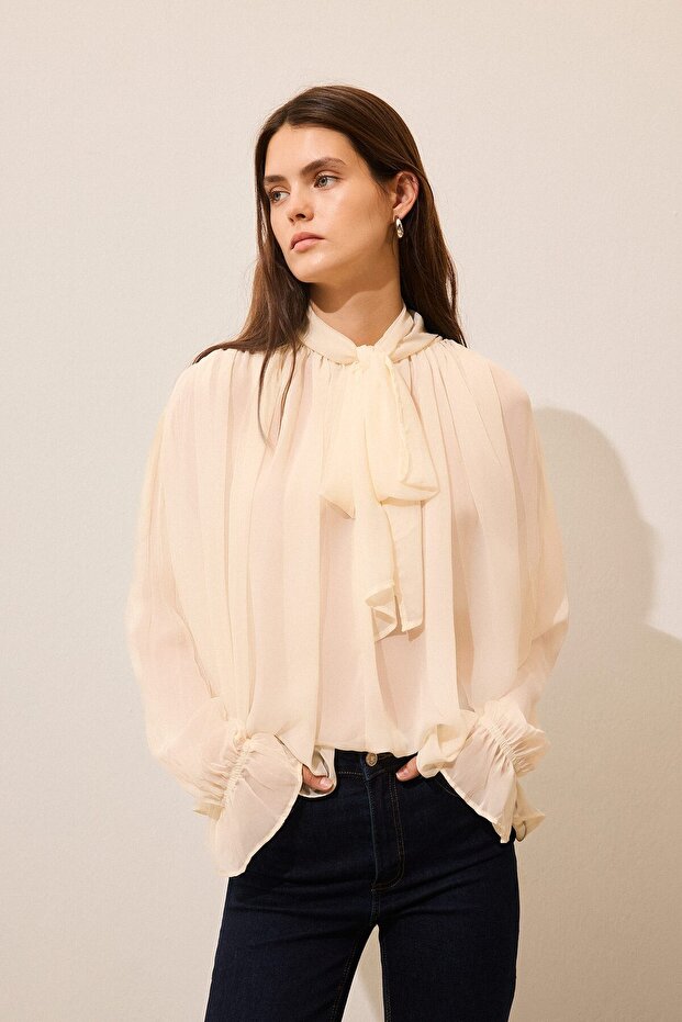 Oversized Scarf Collar Chiffon Long Sleeve Blouse I4908Ax26Au