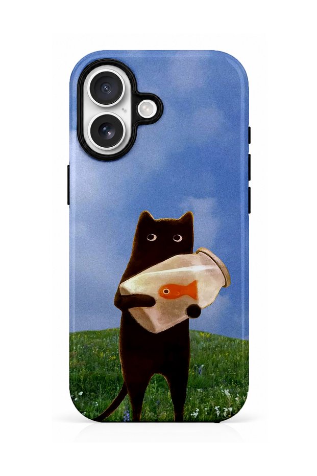 iPhone 16 Compatible - Fish-Friendly Cat Design, Double Layer, Glossy Surface Protective Case