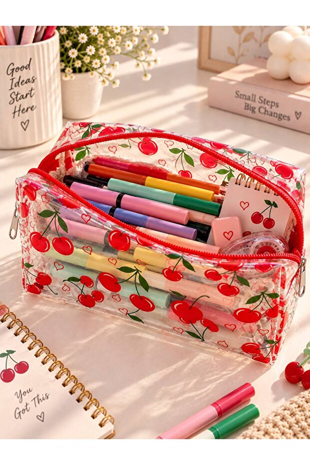 Cherry Patterned Transparent Makeup Bag
