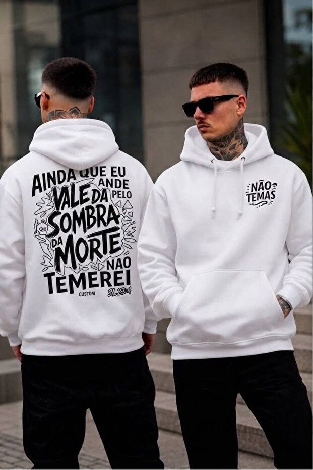 Unisex Oversize 3 Thread Raster Print Hoodie with Kangaroo Pocket and "Ainda Que Eu Ande Pelo Vale Da Sombra Da Morte Não Temerei" Written Print
