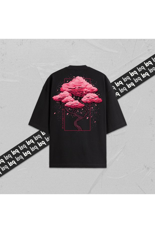 Sakura Unisex Japanese Cherry Blossom Back Print Oversize T-Shirt 100% Cotton Crew Neck Black
