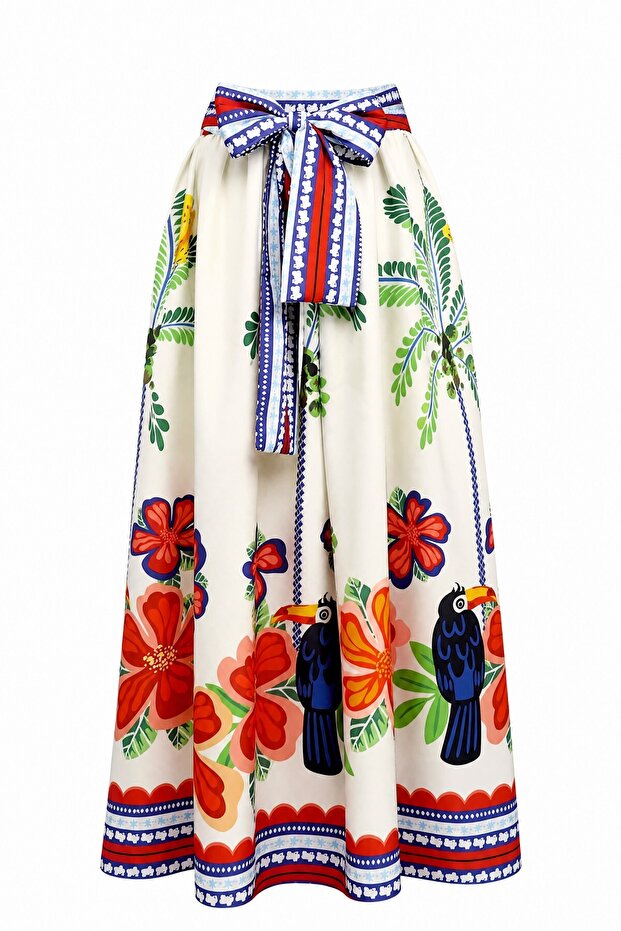 Elastic Waist Belted Tropical Patterned Skirt - Ecru