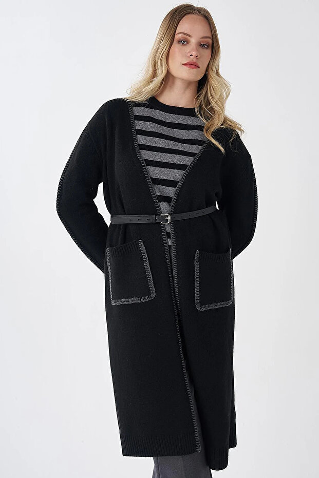 Contrast Stitched Knitwear Cardigan Black