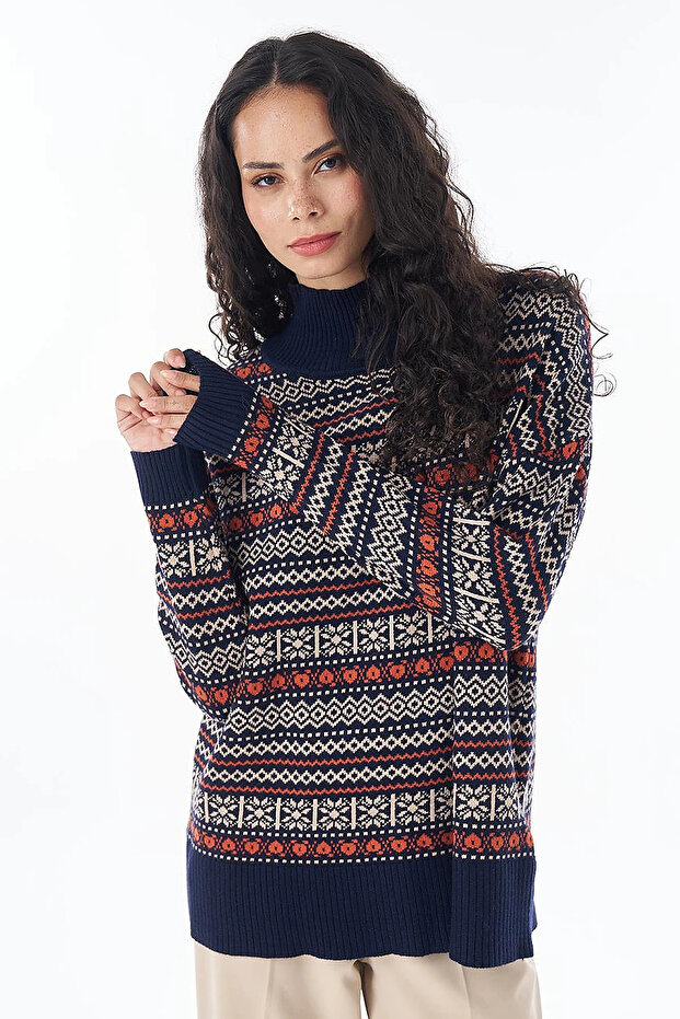 Geometric Pattern Half Turtleneck Knitwear Tunic Dark Navy Blue