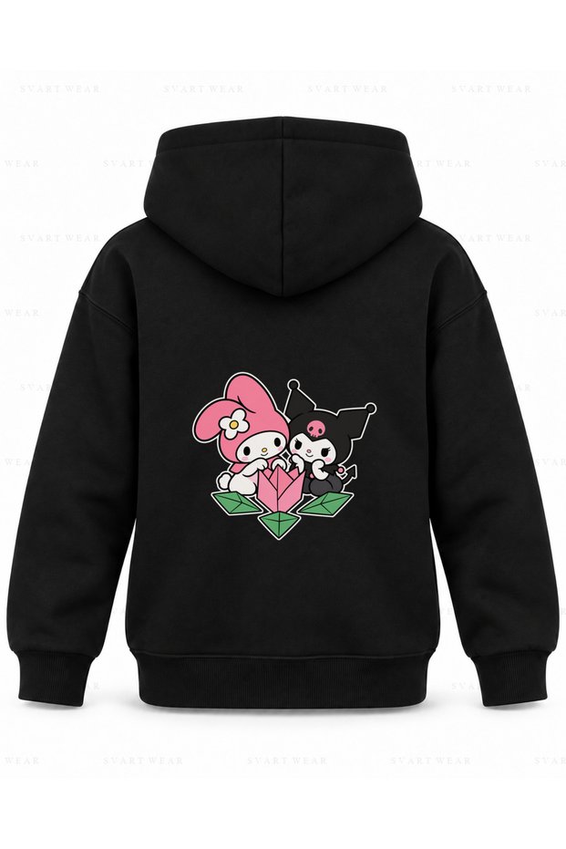 My Melody & Kuromi Paper Garden Printed Black Children's Hooded Sweatshirt