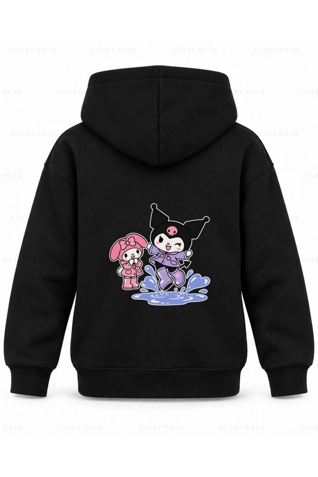 My Melody & Kuromi Boot Splash Printed Black Kids' Hooded Sweatshirt