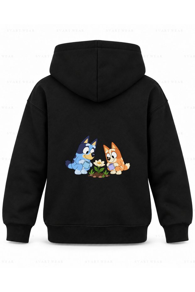Bluey Garden Flower Printed Black Children's Hooded Sweatshirt