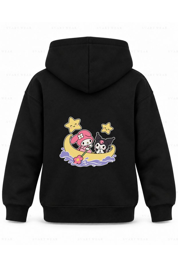 My Melody & Kuromi Moon Boat Printed Black Children's Hooded Sweatshirt