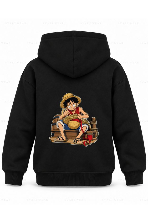One Piece Straw Hat Hoop Printed Black Kids Hooded Sweatshirt