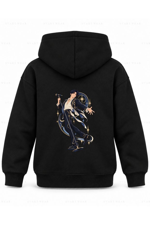 Saja Boys Jinu Microphone Balance Printed Black Children's Hooded Sweatshirt